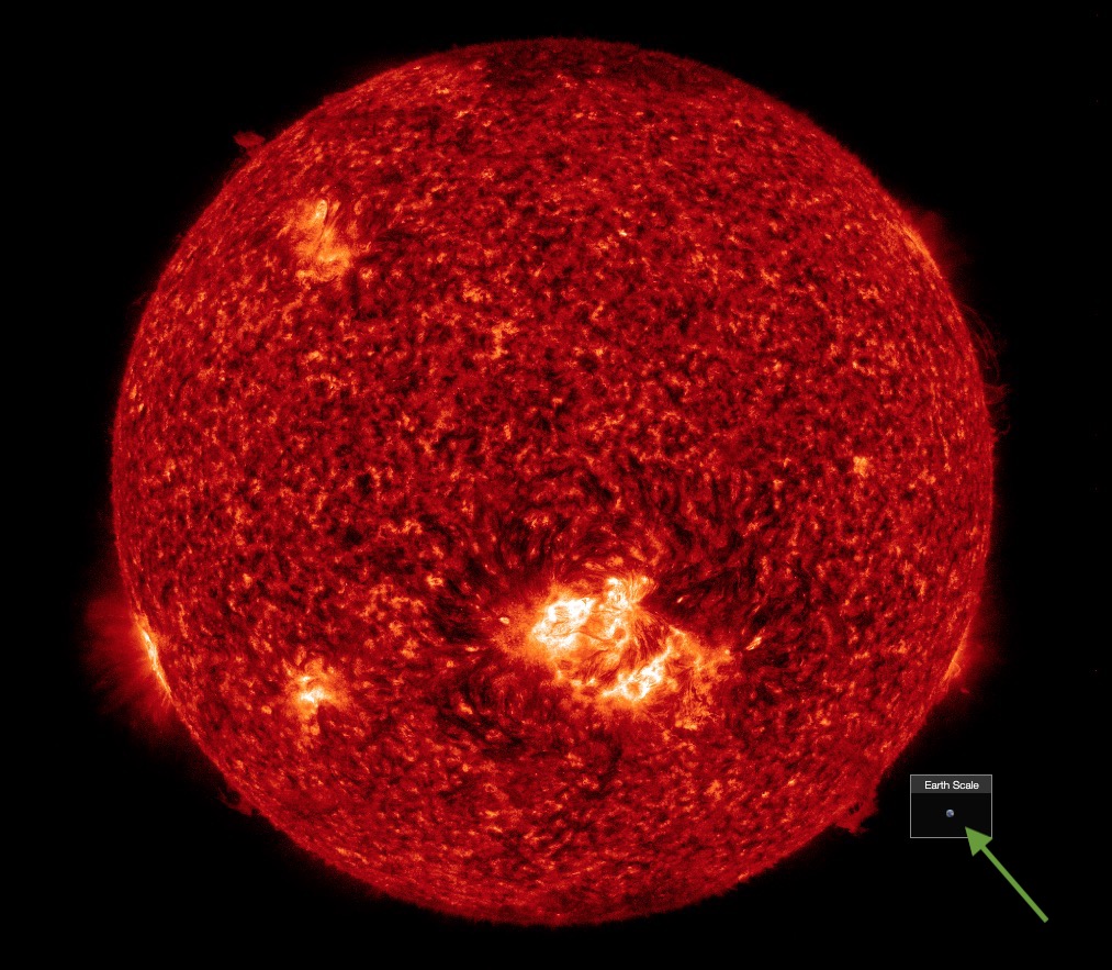 Image of our star, 11/30/20 provided by the Solar Dynamics Observatory (SDO) in 304 angstroms showing ionized Helium and a large active region turning in 