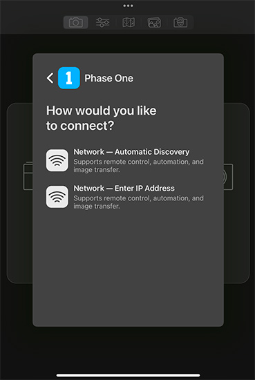 Cascable menu Phase One IQ4 - Network Enter IP Address - Connect