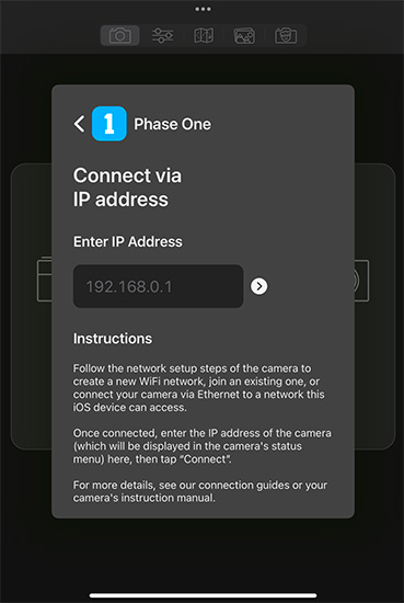 Cascable menu Phase One IQ4 - Network Enter IP Address - Connect