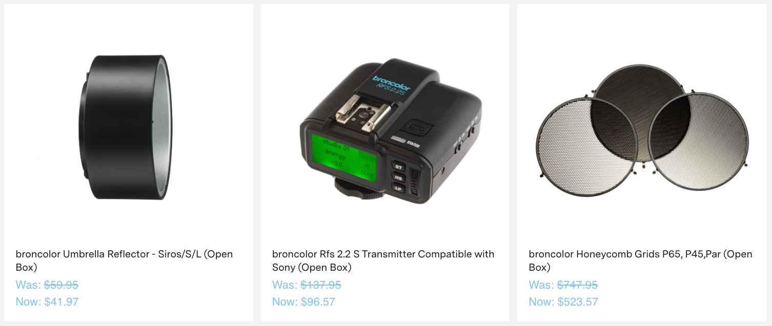 broncolor Rfs 2.2 S Transmitter Compatible with Sony (Open Box)
Was: $137.95
Now: $96.57
broncolor Honeycomb Grids P65, P45,Par (Open Box)
Compare 
View Product
broncolor Honeycomb Grids P65, P45,Par (Open Box)
Was: $747.95
Now: $523.57
broncolor Lamp Ext Cable 5M Max.3200 J (Open Box)
Compare 
View Product
