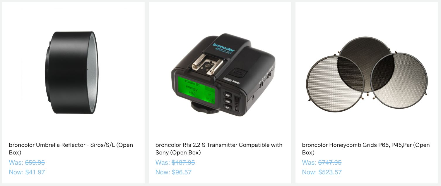 broncolor Rfs 2.2 S Transmitter Compatible with Sony (Open Box)
Was: $137.95
Now: $96.57
broncolor Honeycomb Grids P65, P45,Par (Open Box)
Compare
View Product
broncolor Honeycomb Grids P65, P45,Par (Open Box)
Was: $747.95
Now: $523.57
broncolor Lamp Ext Cable 5M Max.3200 J (Open Box)
Compare
View Product
