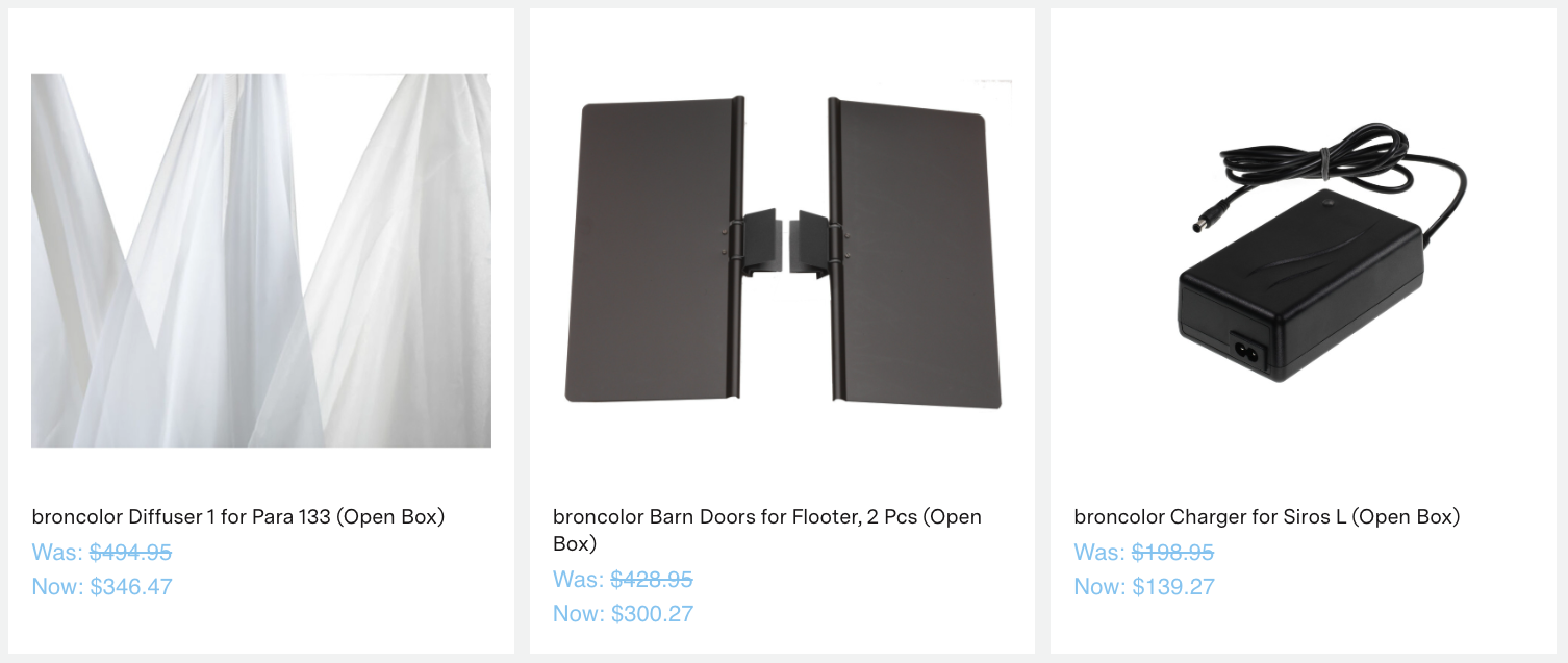broncolor Diffuser 1 for Para 133 (Open Box)
Was: $494.95
Now: $346.47
broncolor Barn Doors for Flooter, 2 Pcs (Open Box)
Compare 
View Product
broncolor Barn Doors for Flooter, 2 Pcs (Open Box)
Was: $428.95
Now: $300.27
broncolor Charger for Siros L (Open Box)
Compare 
View Product
broncolor Charger for Siros L (Open Box)