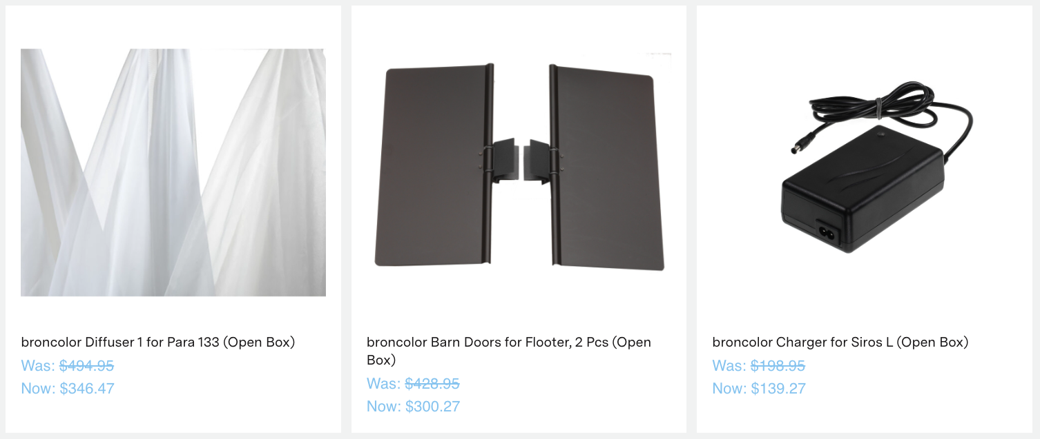 broncolor Diffuser 1 for Para 133 (Open Box)
Was: $494.95
Now: $346.47
broncolor Barn Doors for Flooter, 2 Pcs (Open Box)
Compare
View Product
broncolor Barn Doors for Flooter, 2 Pcs (Open Box)
Was: $428.95
Now: $300.27
broncolor Charger for Siros L (Open Box)
Compare
View Product
broncolor Charger for Siros L (Open Box)