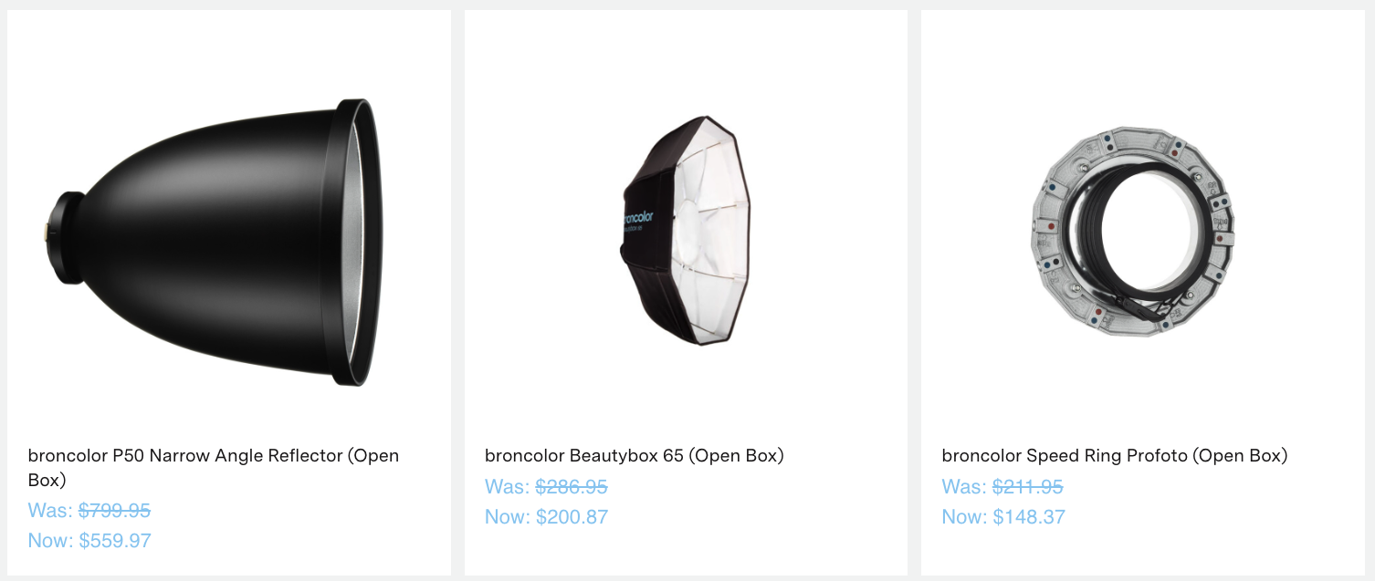 broncolor P50 Narrow Angle Reflector (Open Box)
Was: $799.95
Now: $559.97
broncolor Beautybox 65 (Open Box)
Compare 
View Product
broncolor Beautybox 65 (Open Box)
Was: $286.95
Now: $200.87
broncolor Speed Ring Profoto (Open Box)
Compare 
View Product
broncolor Speed Ring Profoto (Open Box)
Was: $211.95