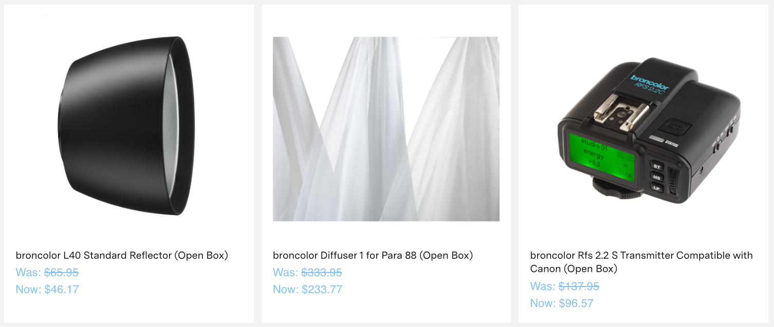 broncolor L40 Standard Reflector (Open Box)
Was: $65.95
Now: $46.17
broncolor Diffuser 1 for Para 88 (Open Box)
Compare
View Product
broncolor Diffuser 1 for Para 88 (Open Box)
Was: $333.95
Now: $233.77
broncolor Rfs 2.2 S Transmitter Compatible with Canon (Open Box)
Compare
View Product
broncolor Rfs 2.2 S Transmitter Compatible with Canon (Open Box)