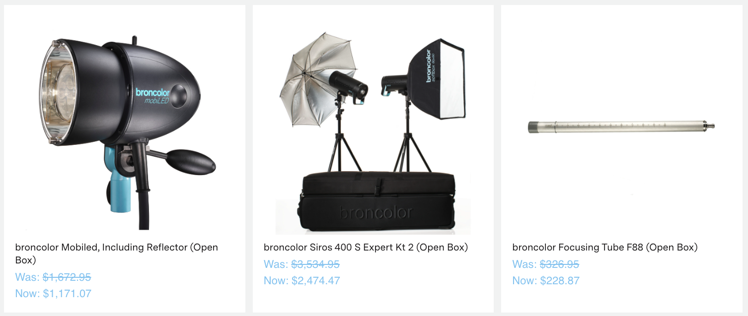 broncolor Mobiled, Including Reflector (Open Box)
Was: $1,672.95
Now: $1,171.07
broncolor Siros 400 S Expert Kt 2 (Open Box)
Compare 
View Product
broncolor Siros 400 S Expert Kt 2 (Open Box)
Was: $3,534.95
Now: $2,474.47
broncolor Focusing Tube F88 (Open Box)
Compare 
View Product
broncolor Focusing Tube F88 (Open Box)