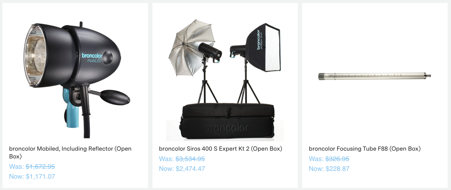 broncolor Mobiled, Including Reflector (Open Box)
Was: $1,672.95
Now: $1,171.07
broncolor Siros 400 S Expert Kt 2 (Open Box)
Compare
View Product
broncolor Siros 400 S Expert Kt 2 (Open Box)
Was: $3,534.95
Now: $2,474.47
broncolor Focusing Tube F88 (Open Box)
Compare
View Product
broncolor Focusing Tube F88 (Open Box)